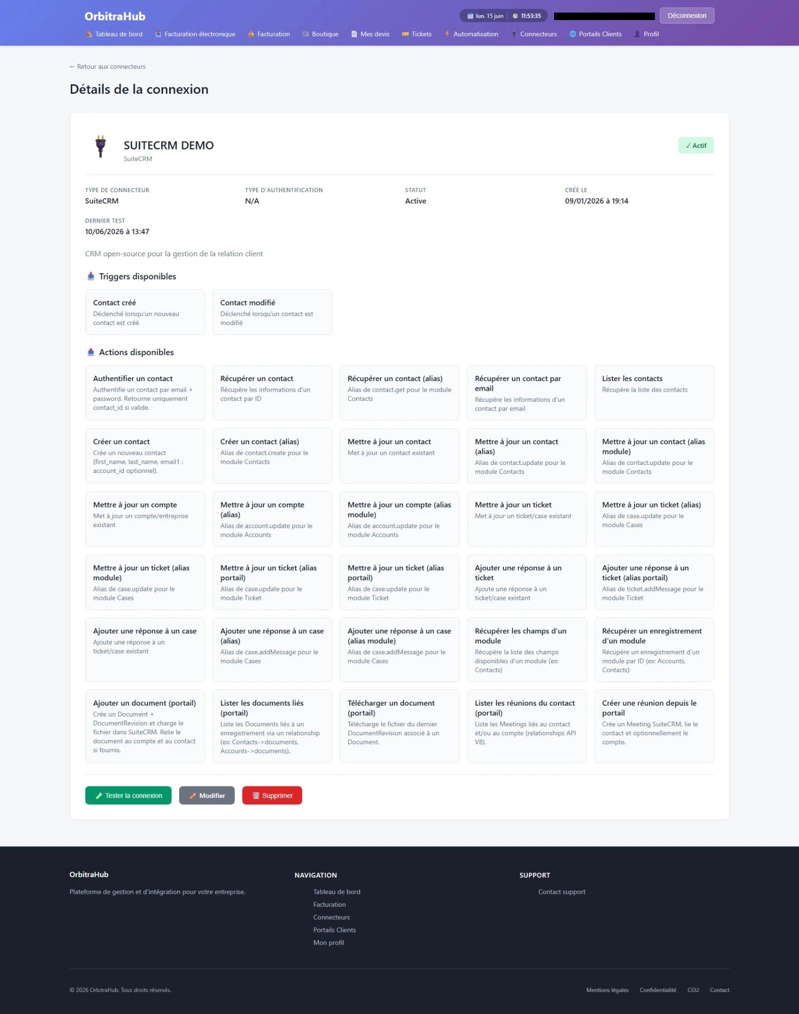 Capture du détail d'un connecteur SuiteCRM dans OrbitraHub