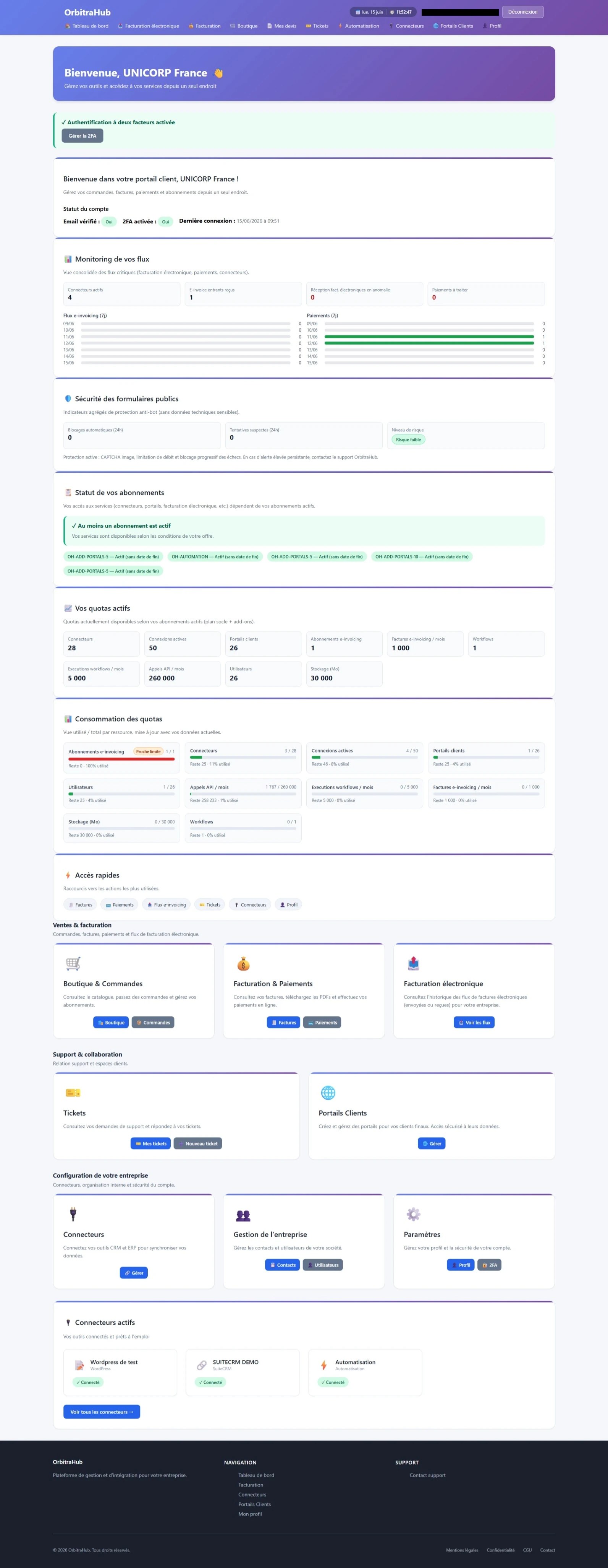 Capture du tableau de bord portail client OrbitraHub