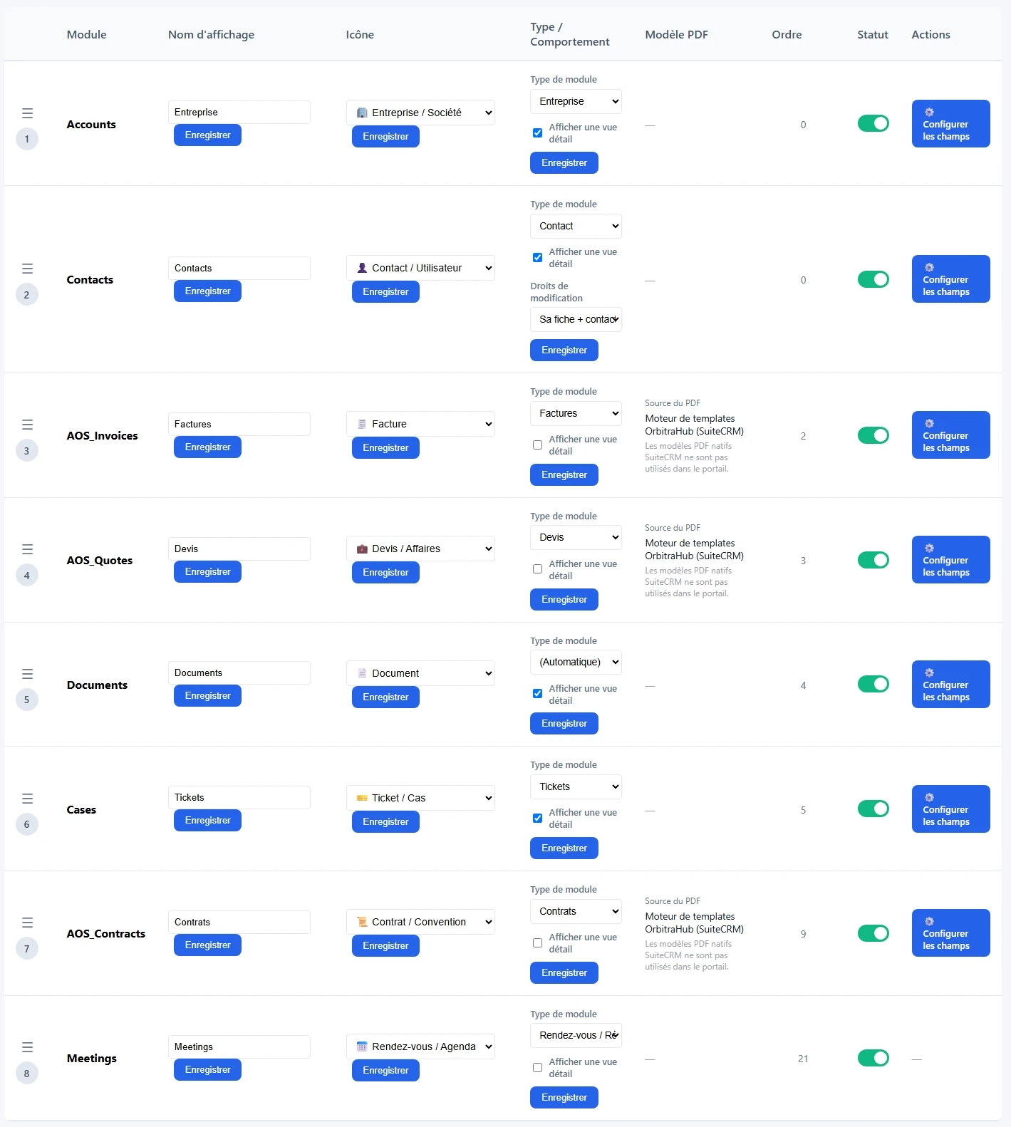 Capture de la configuration des modules du portail client